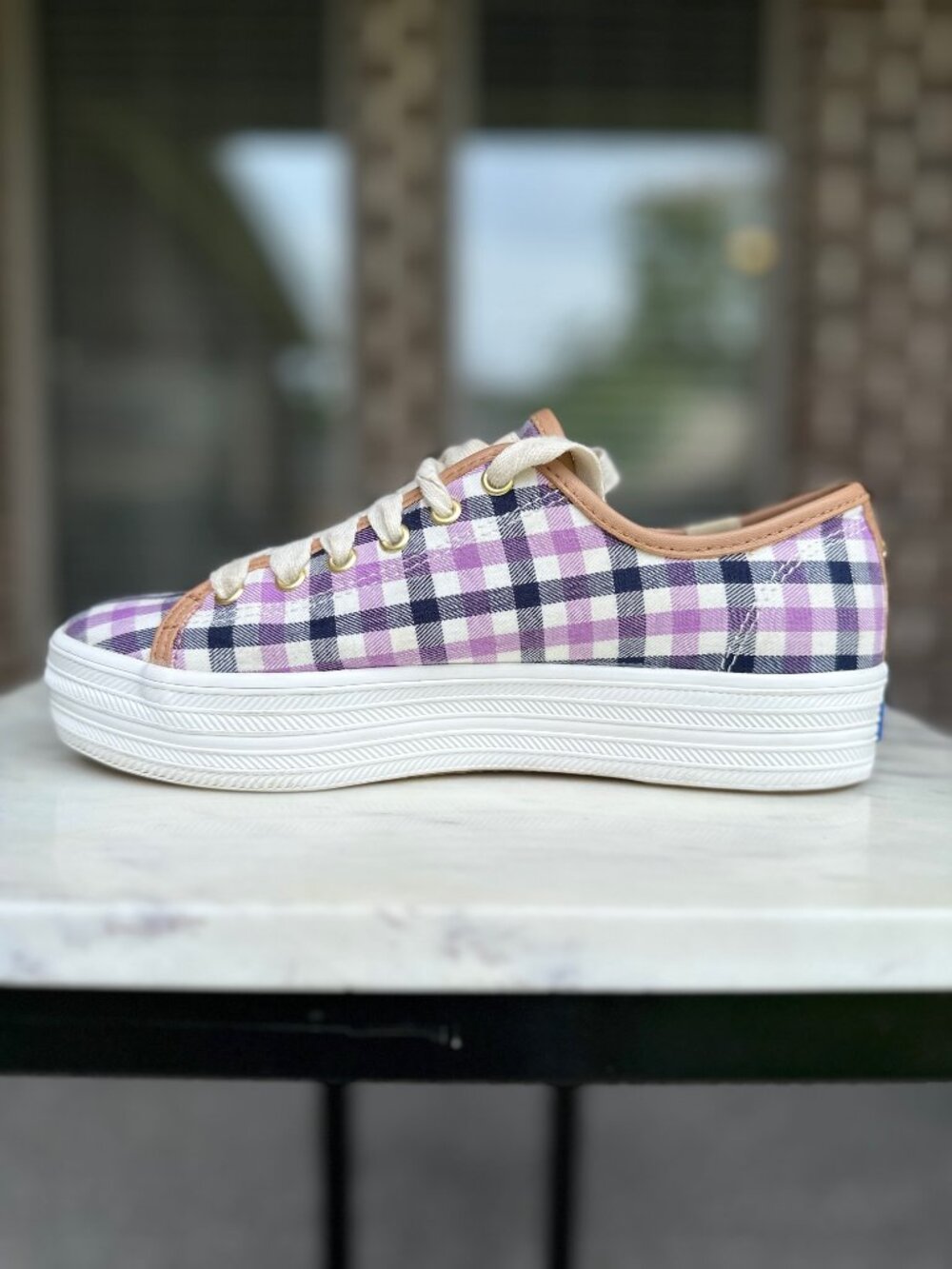 Keds Kate Spade Purple Navy Gingham Plaid New York Triple Kick Gold Eyelt Sz 6.5